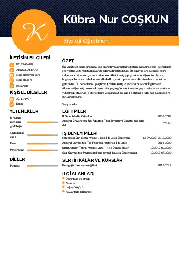 Biyoloji Öğretmeni CV Örnekleri cv indir